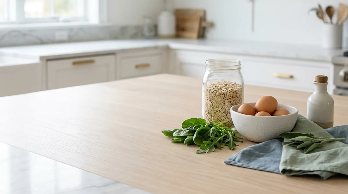 A calm Modern Hamptons arrangement of whole foods on a pale oak counter — a glass jar of grains, fresh greens, and a ceramic dish of eggs in soft daylight