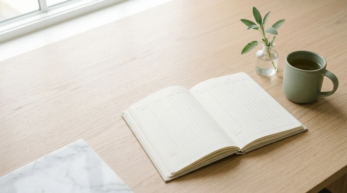 A pale oak desk with an open tracking journal and a sage ceramic mug in calm daylight